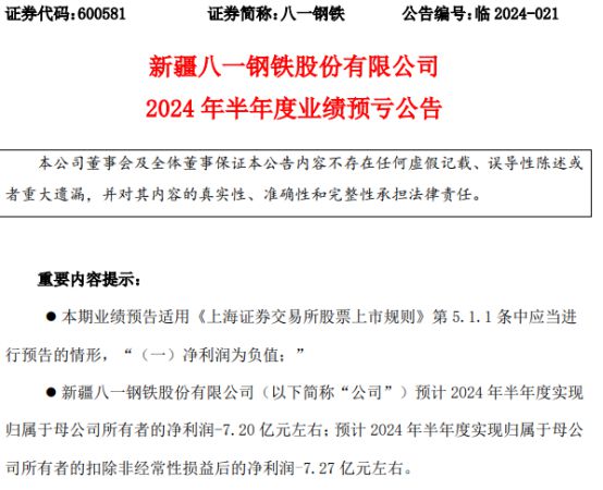 八一钢铁2024年上半年预计亏损72亿在疆内钢铁市场传统淡季(图1)