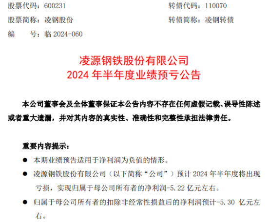 凌钢股份2024年上半年预计亏损522亿铁矿石等原燃料价格依旧高位运行(图1)